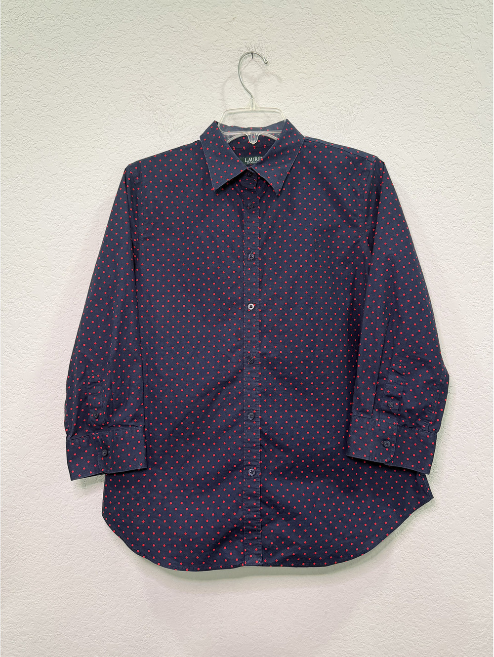 Lauren Ralph Lauren Women's 3/4 Sleeve Navy with Red Polka Dots Blouse - L